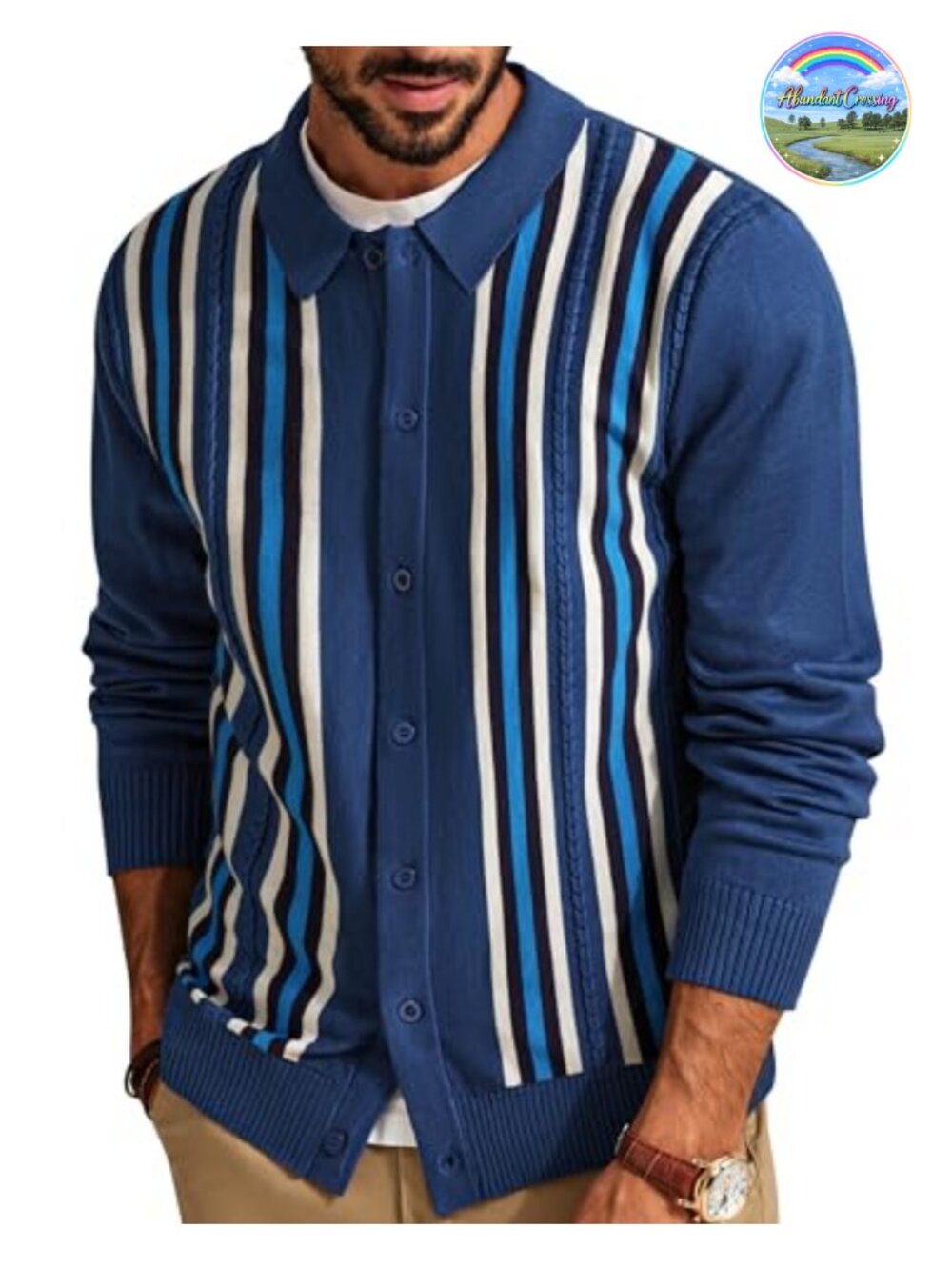 Vintage Striped Knit Cardigan with Lapel Collar and Cable Knit